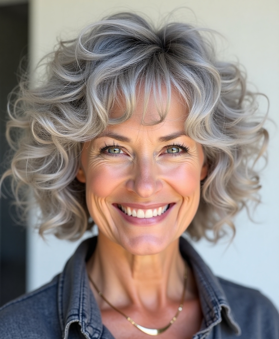 curly bob with bangs