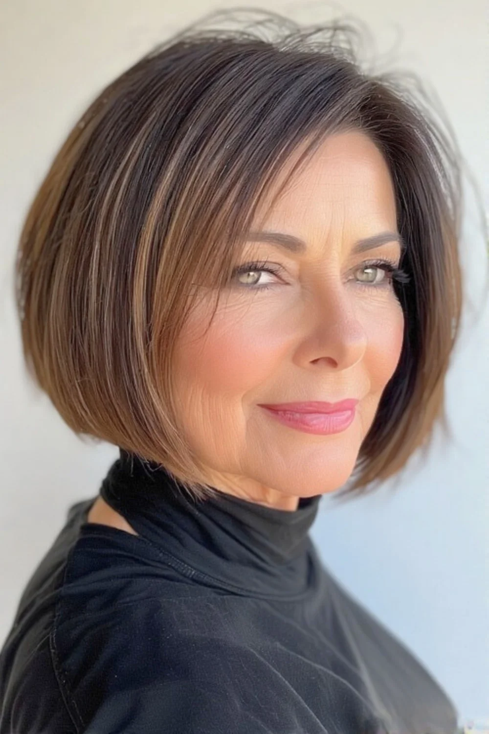 Bob haircut with subtle highlights for added dimension and brightness.