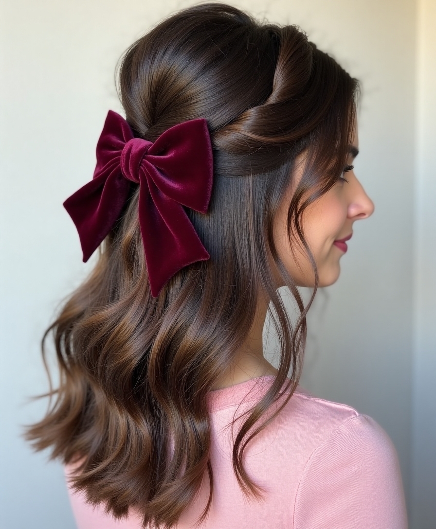 bow accented half up hairstyle