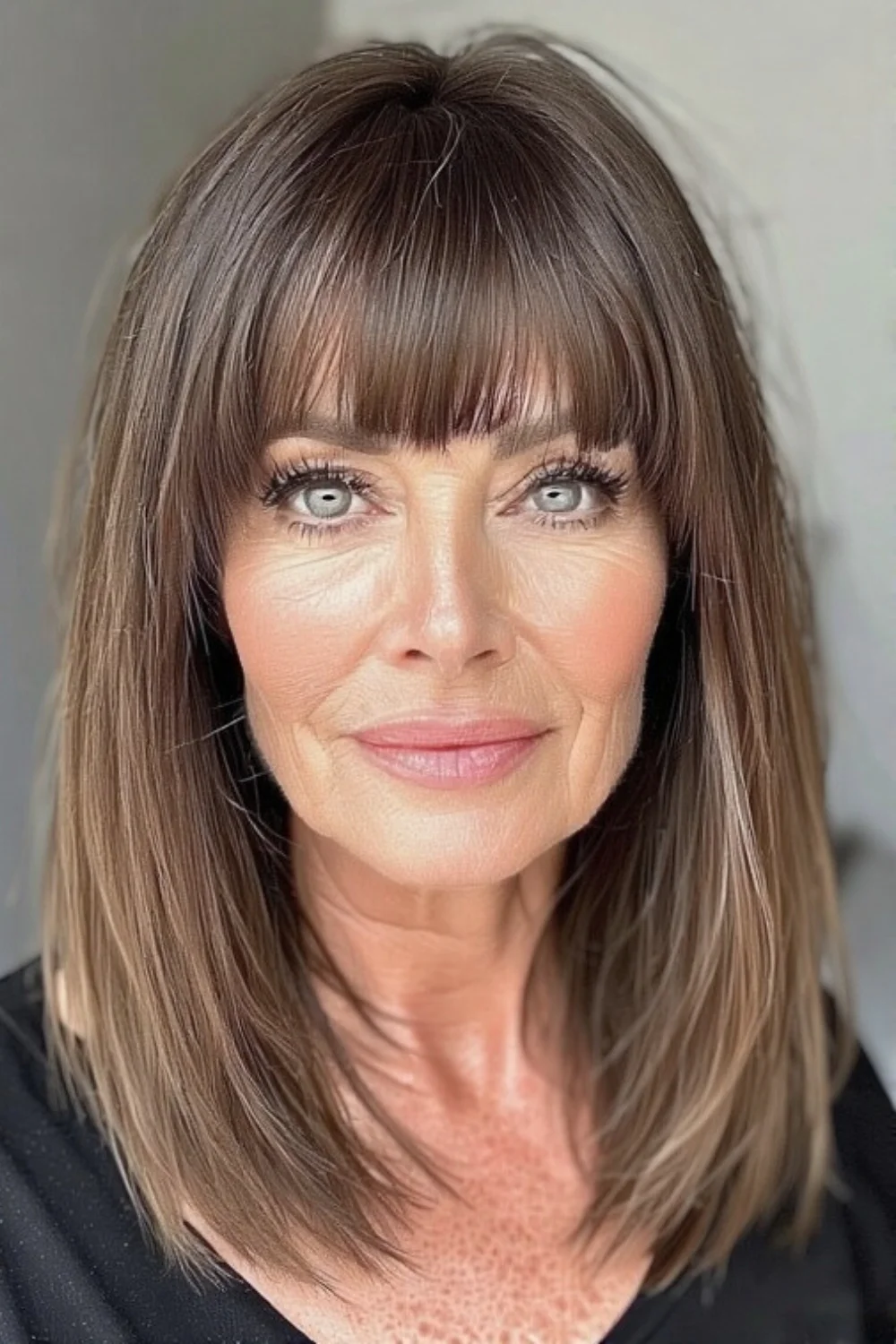 Sleek straight haircut with bold micro bangs for a fashion-forward look.