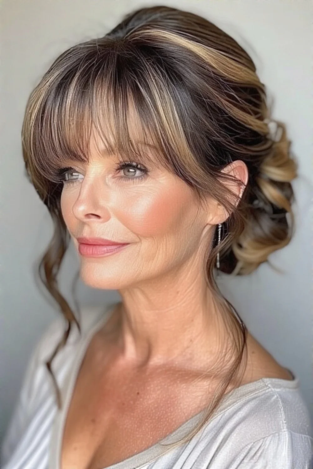 Elegant updo featuring soft fringe and dimensional highlights for added glow.