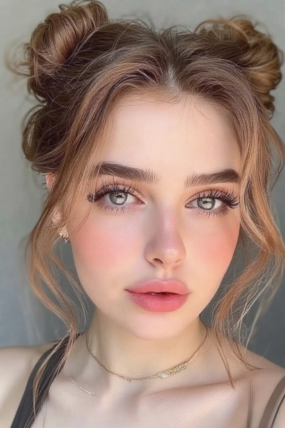 Kawaii style double buns updo for a cute and playful everyday hair look.