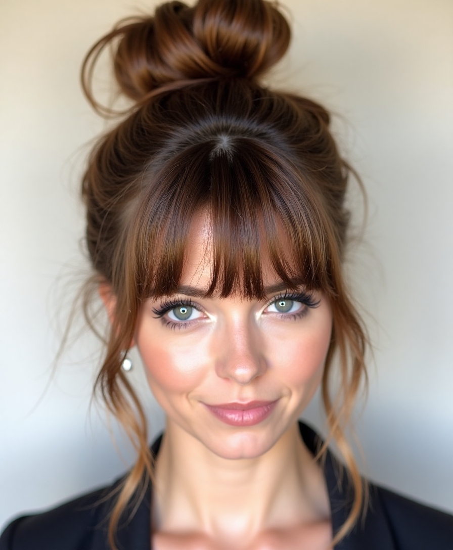 messy bun with bangs
