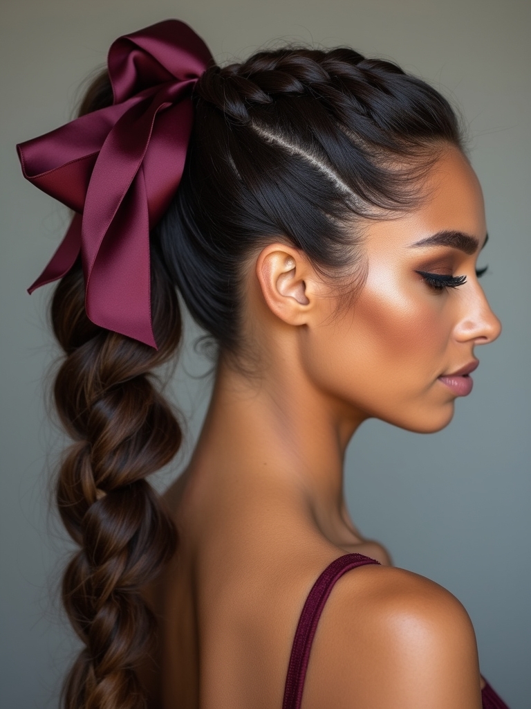 braided ponytail with ribbon