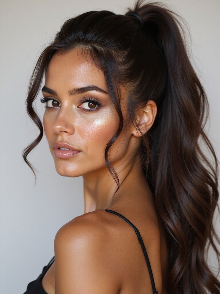 high ponytail with strands