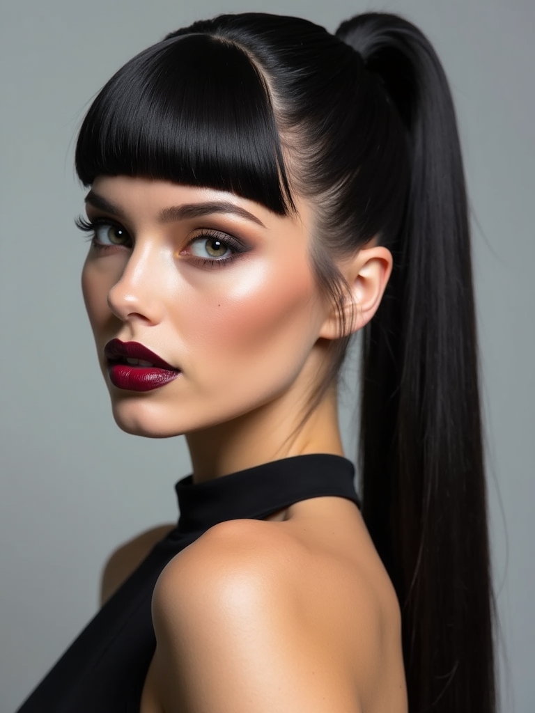 sleek ponytail with bangs
