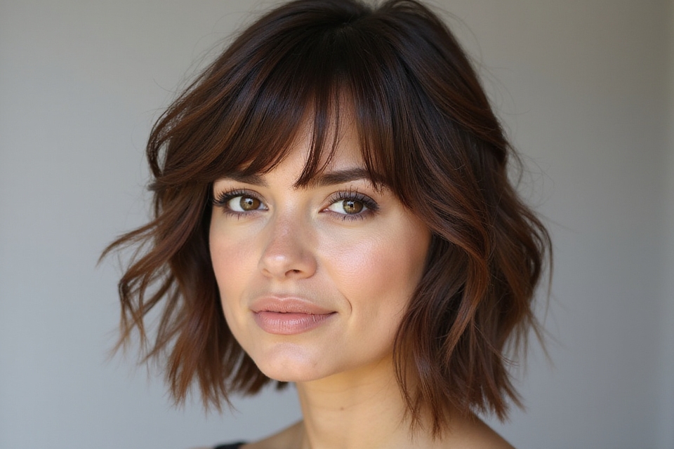 textured lob with blunt bangs
