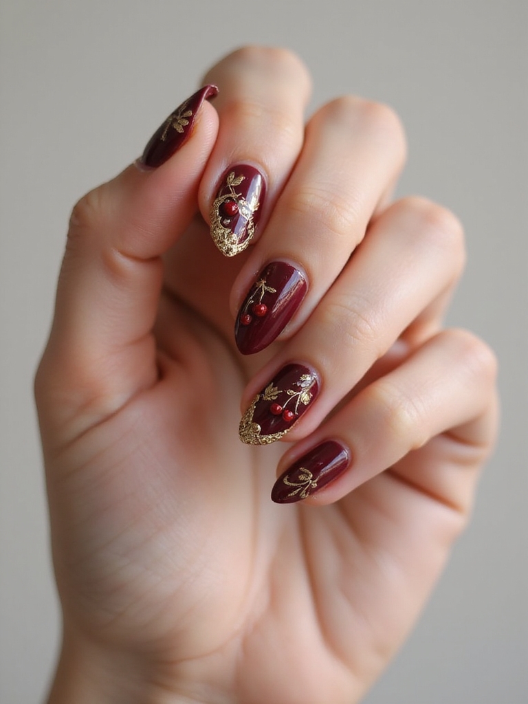 baroque gold cherry manicure