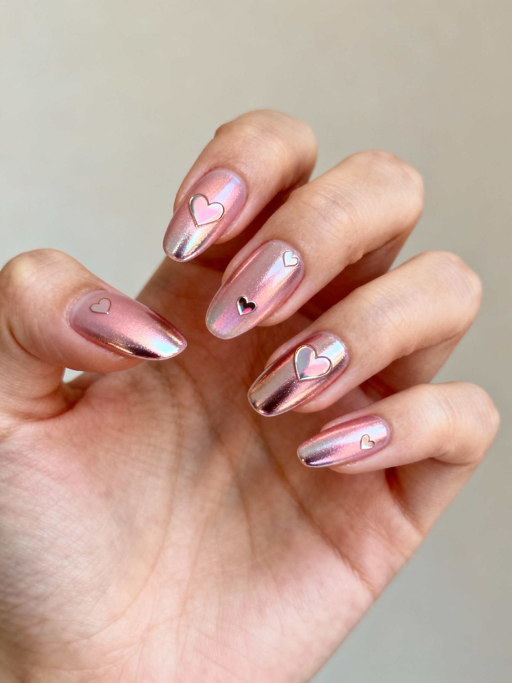 blush chrome heart manicure