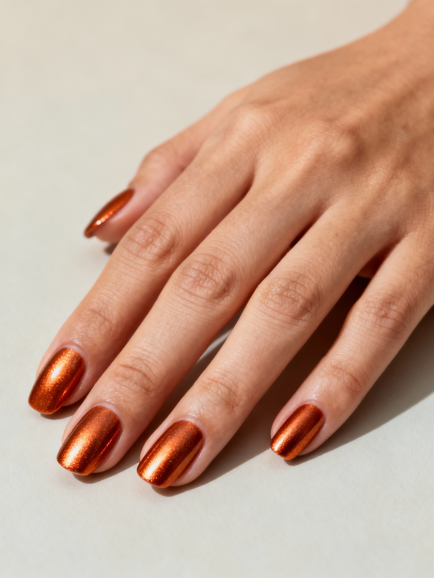 candlelit burnt orange chrome manicure