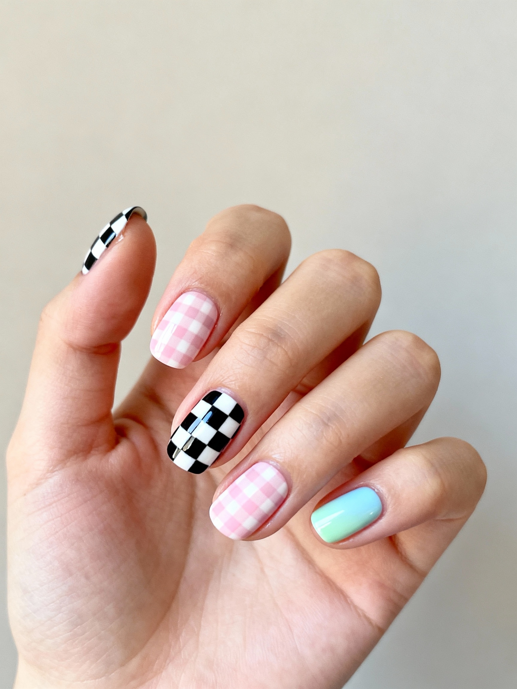 checkerboard and gingham two tone manicure