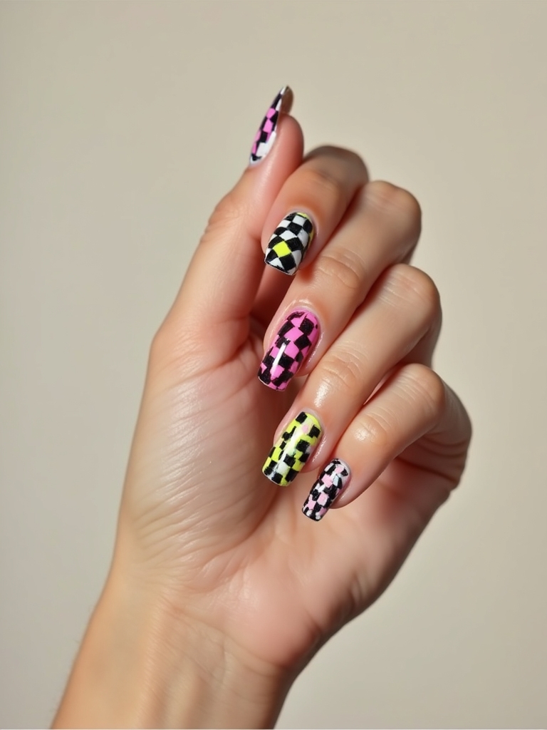 checkerboard candy colored nailart