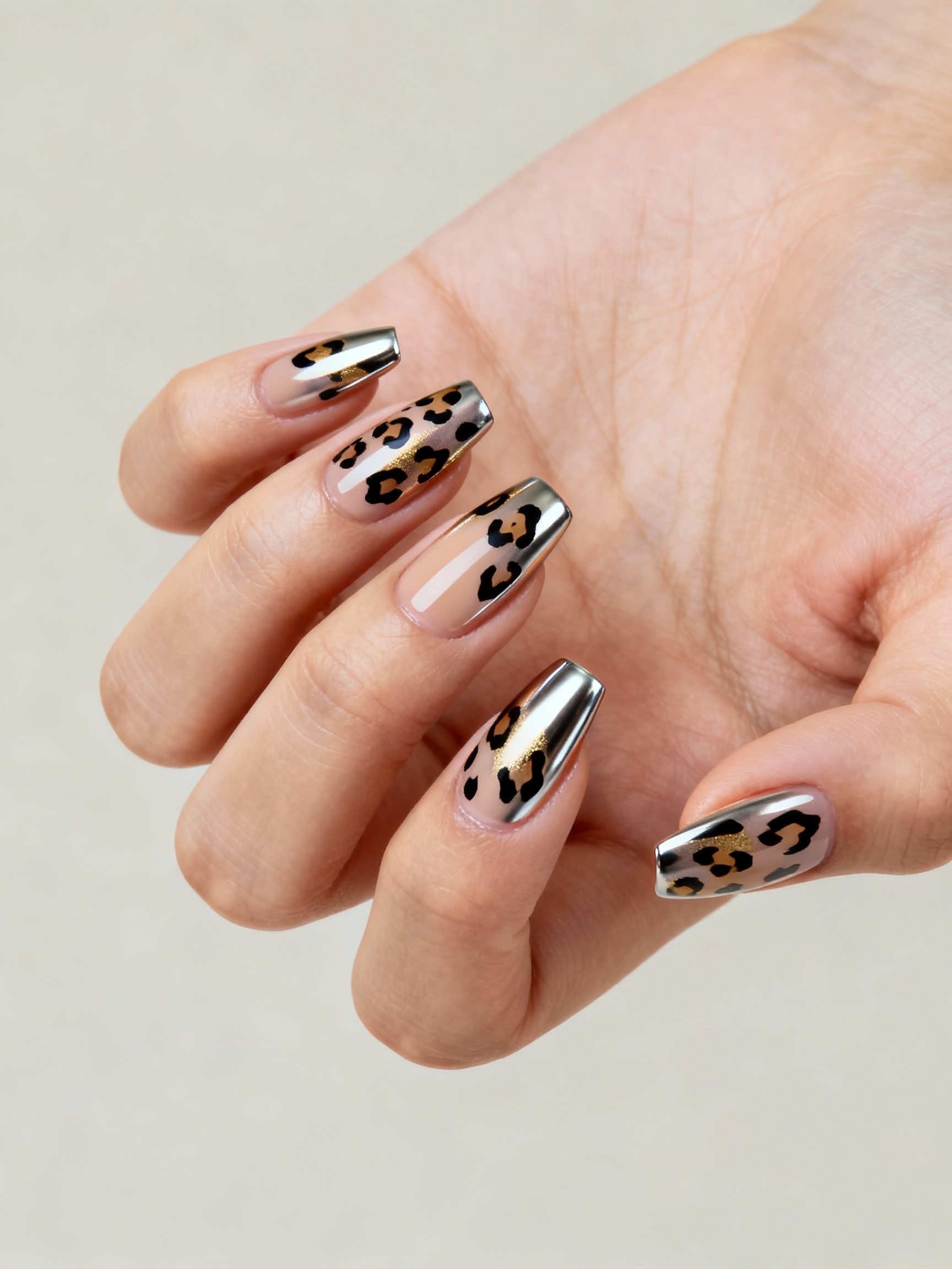 chrome accented leopard nail glam