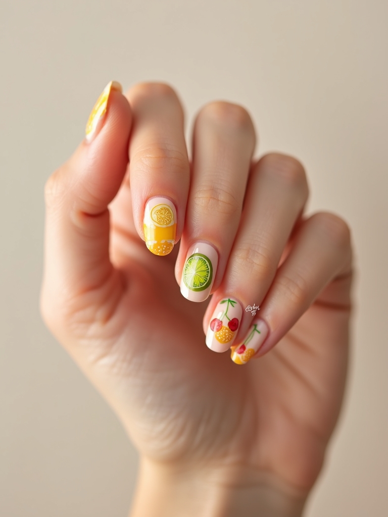 citrus and cherries sheer mani
