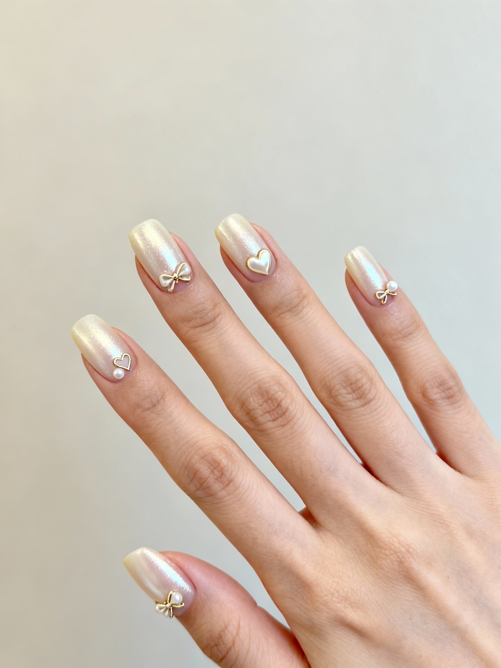 creamy chrome nails with charms