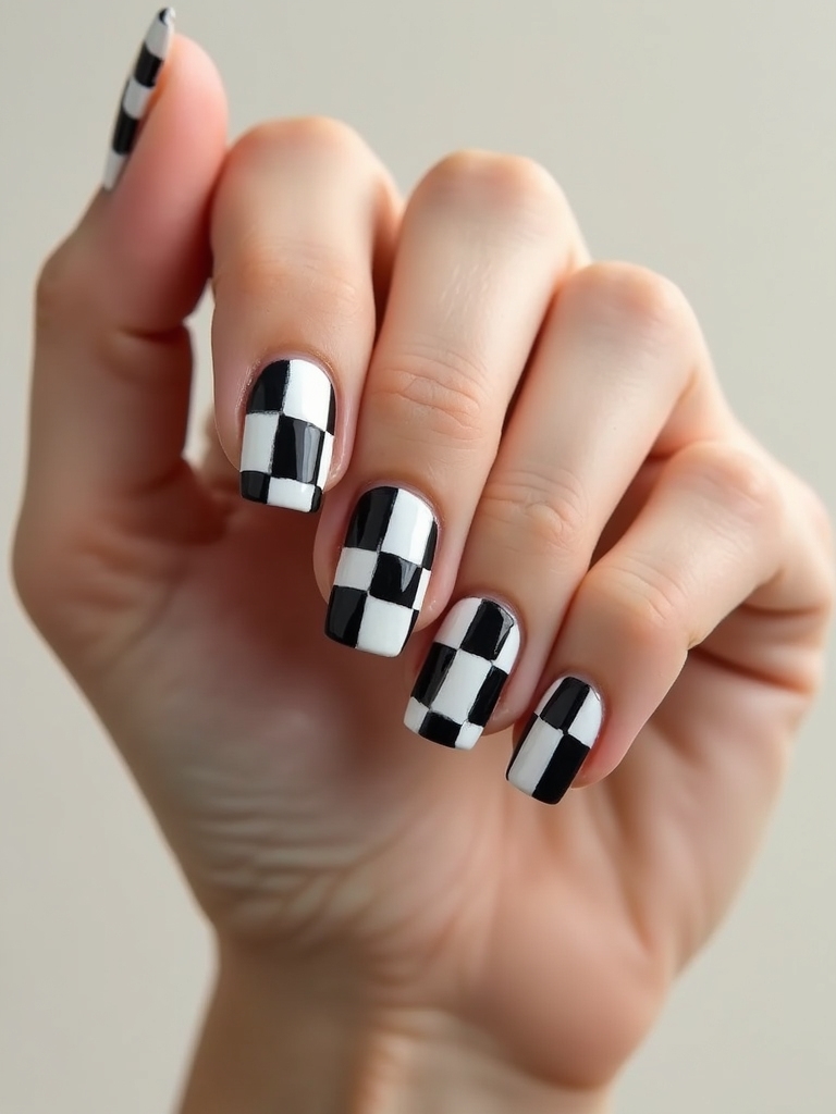 crisp monochrome checkerboard nails