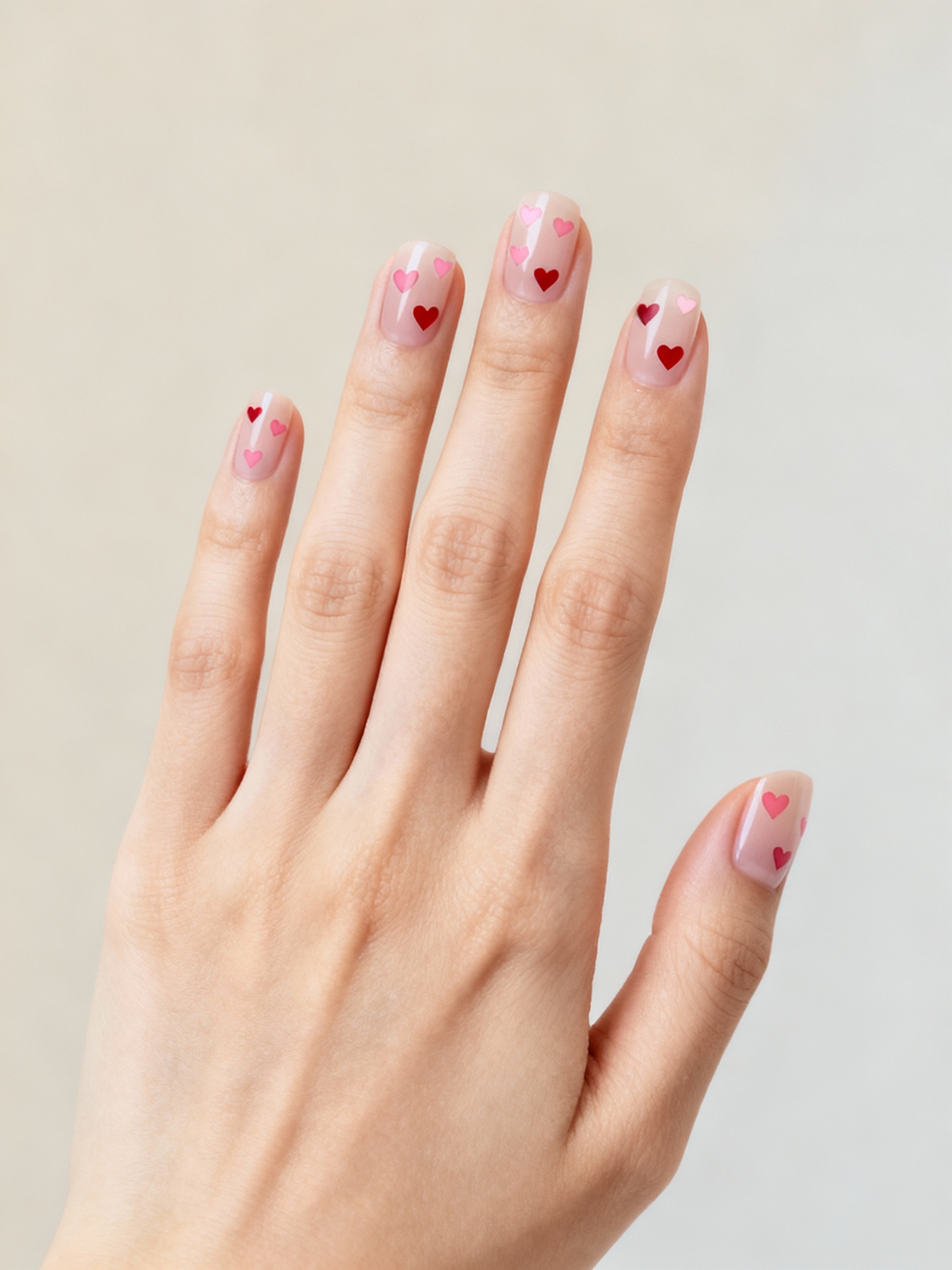 delicate nude micro heart manicure