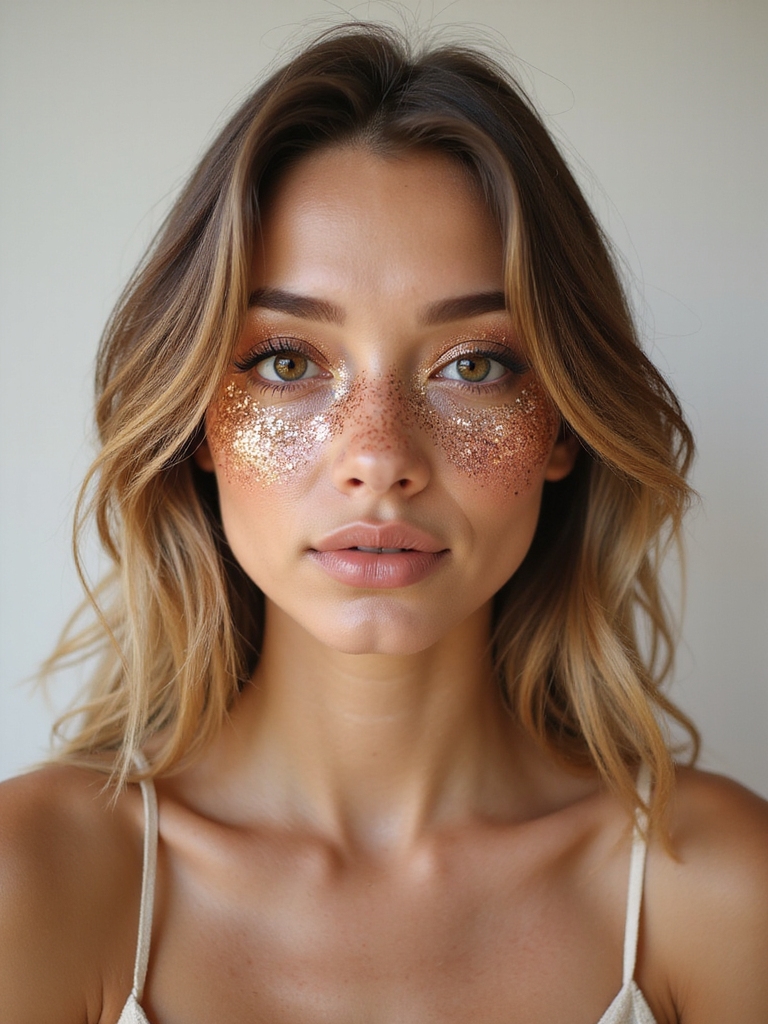 glittered stitched patchwork makeup