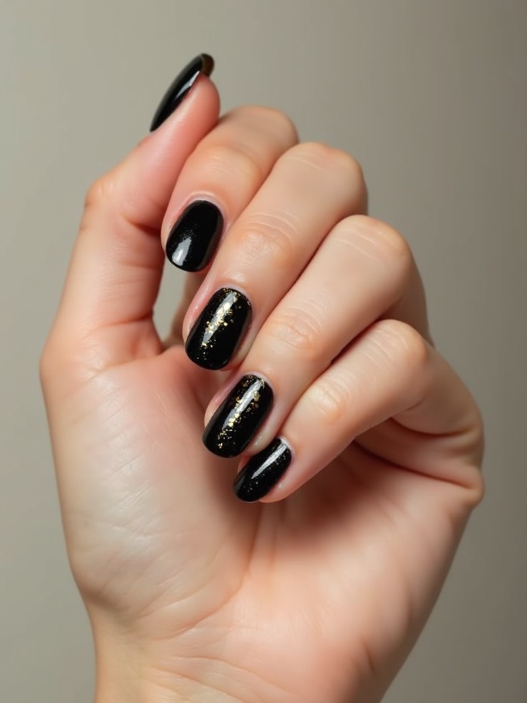 glossy black nails with gold