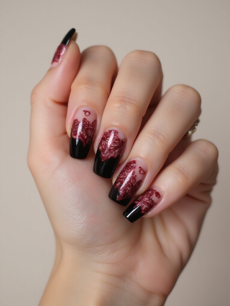 glossy crimson nails with filigree