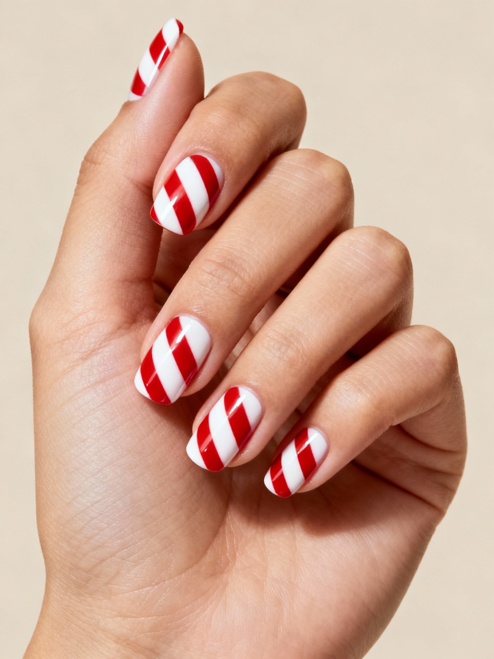 glossy peppermint striped festive nails