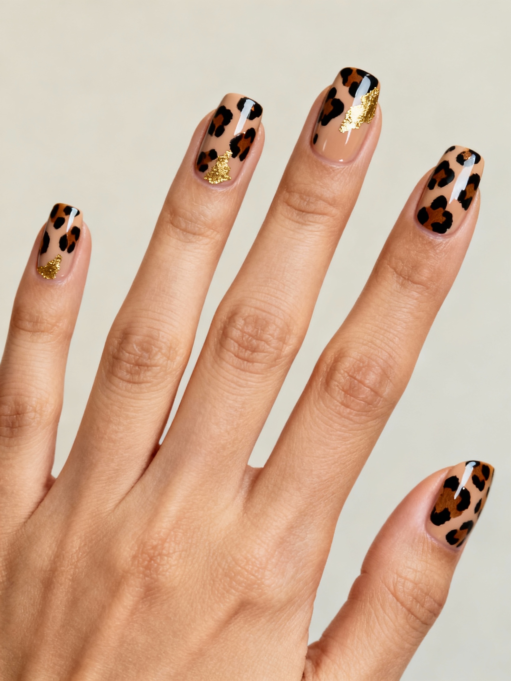 gold flecked leopard print nails