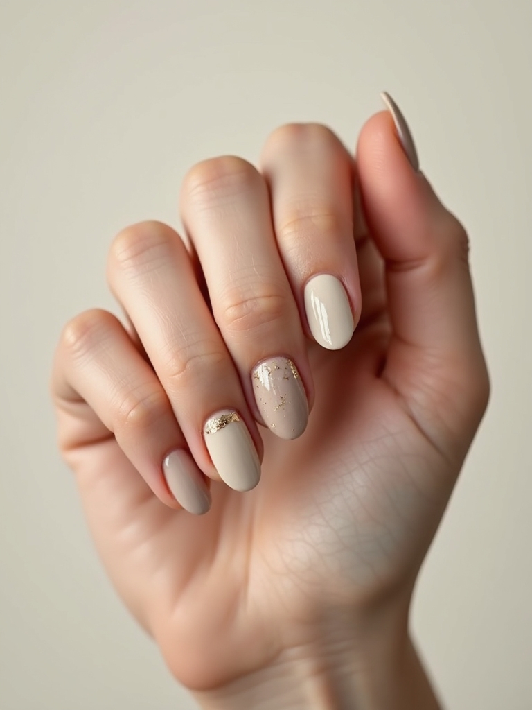 gold flecked neutral crescent manicure