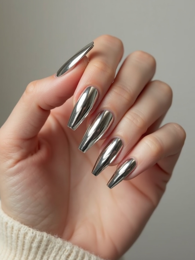 high shine chrome coffin nails