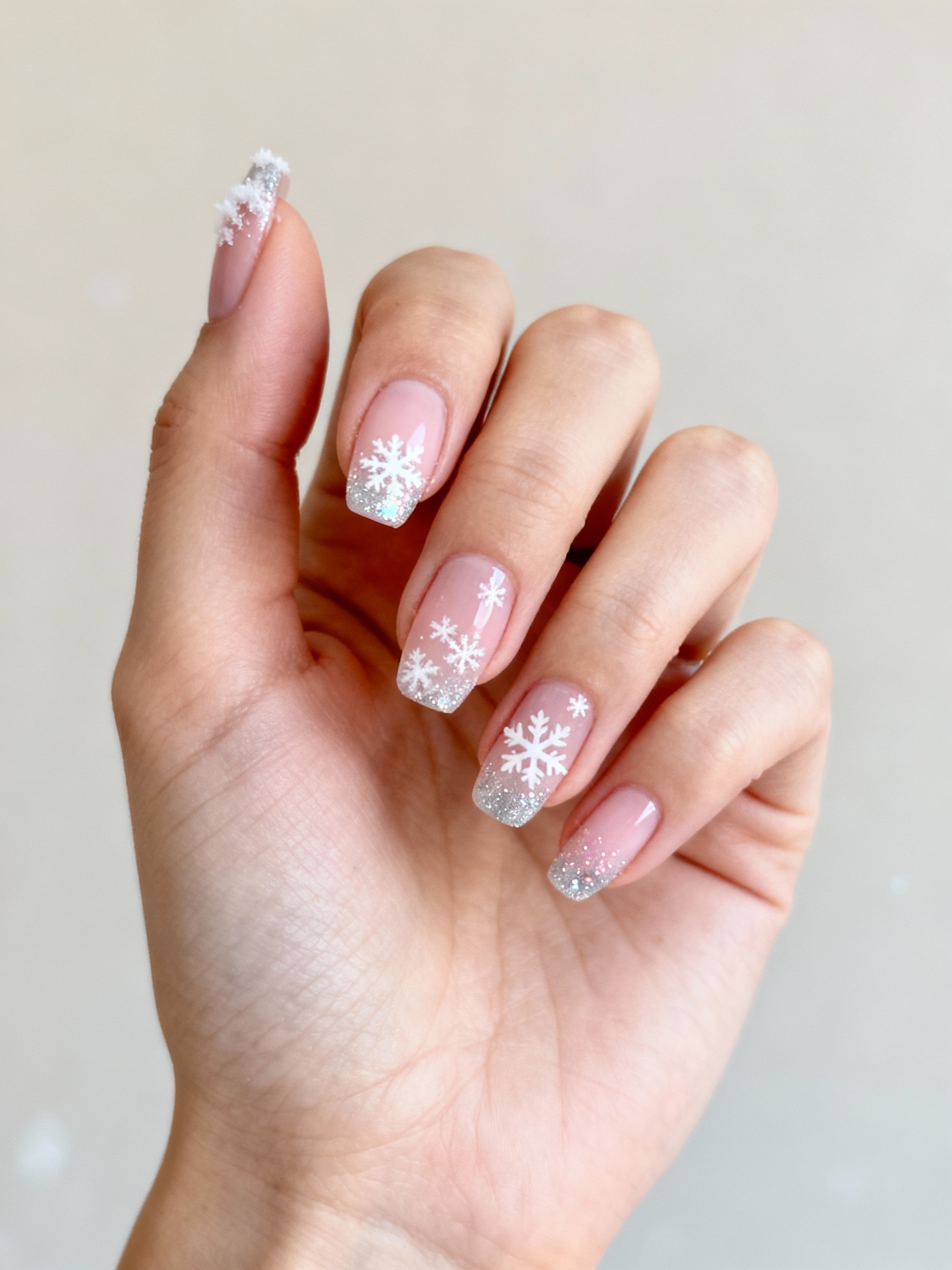 icy sheer nails with snowflakes