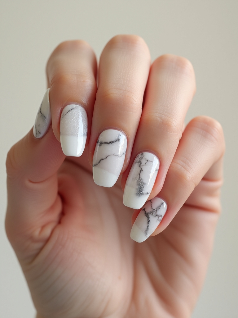 icy silver veined marble nails