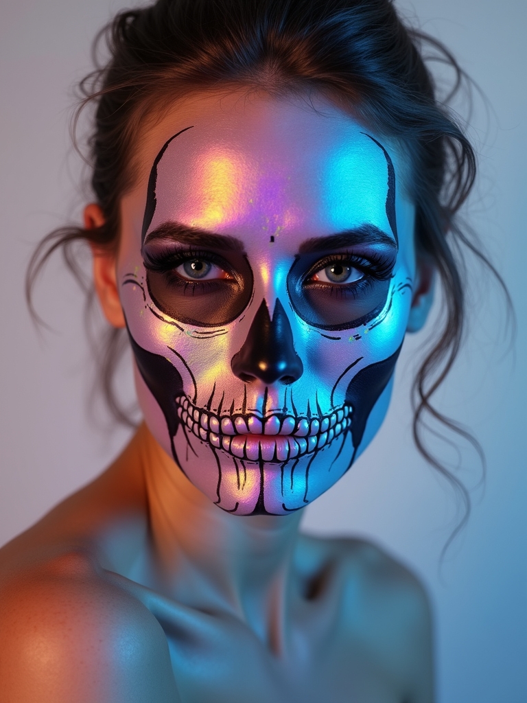 iridescent neon holographic skull