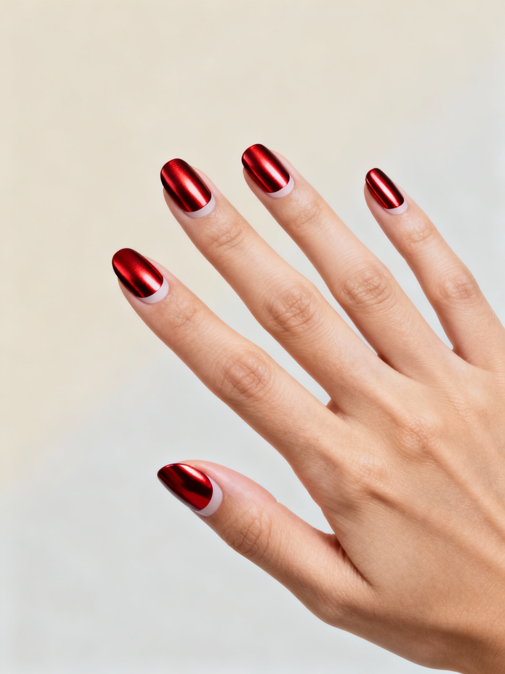 metallic red half moon manicure