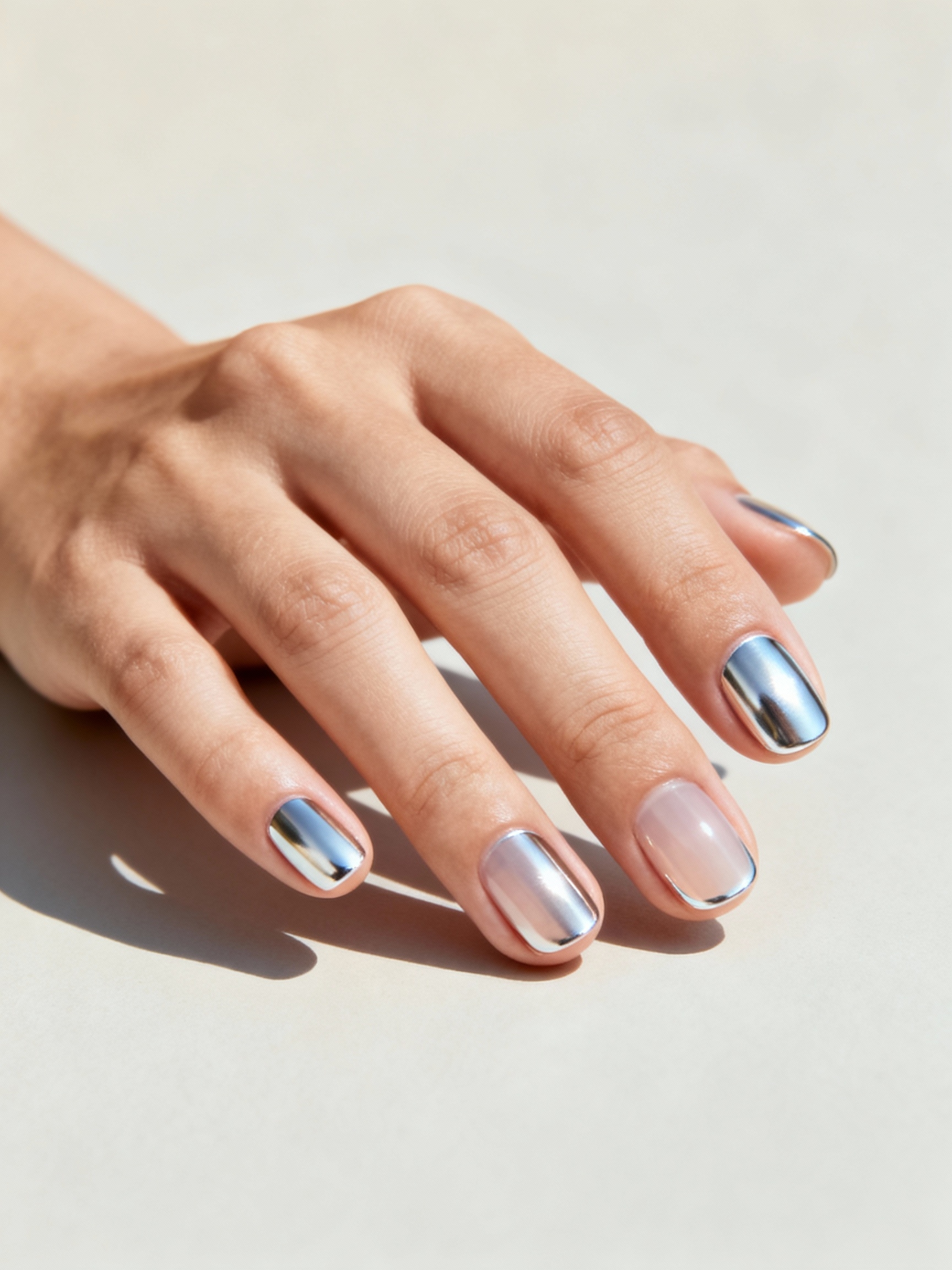 milky chrome almond nails shimmer