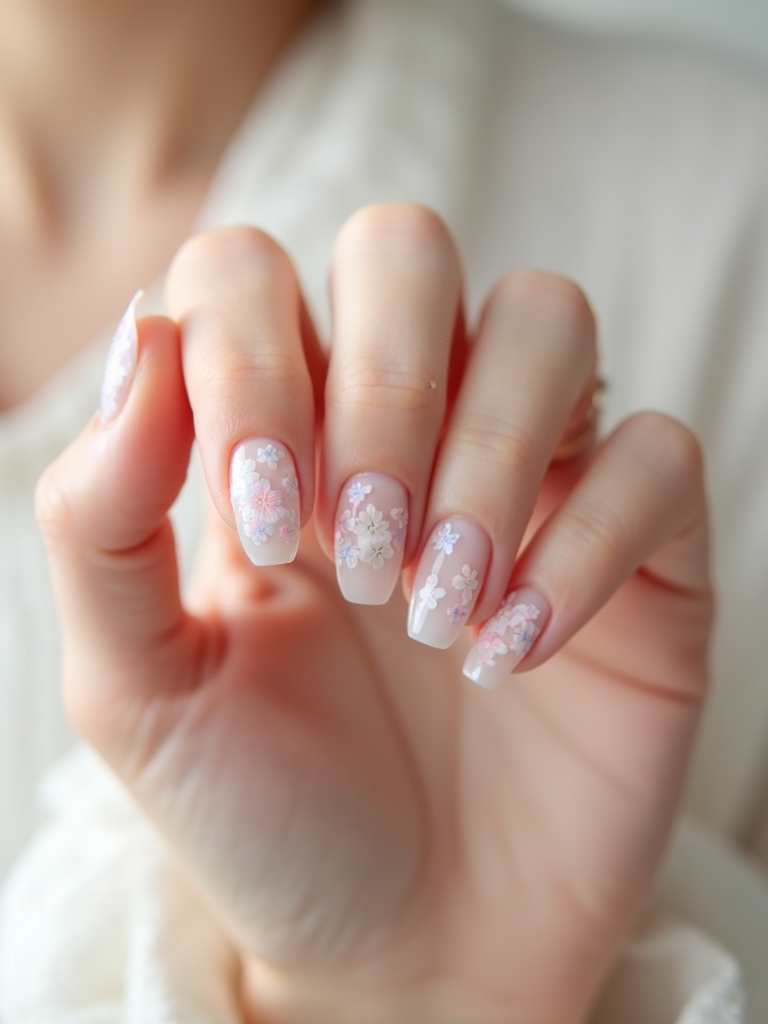 milky translucent feathered floral nails