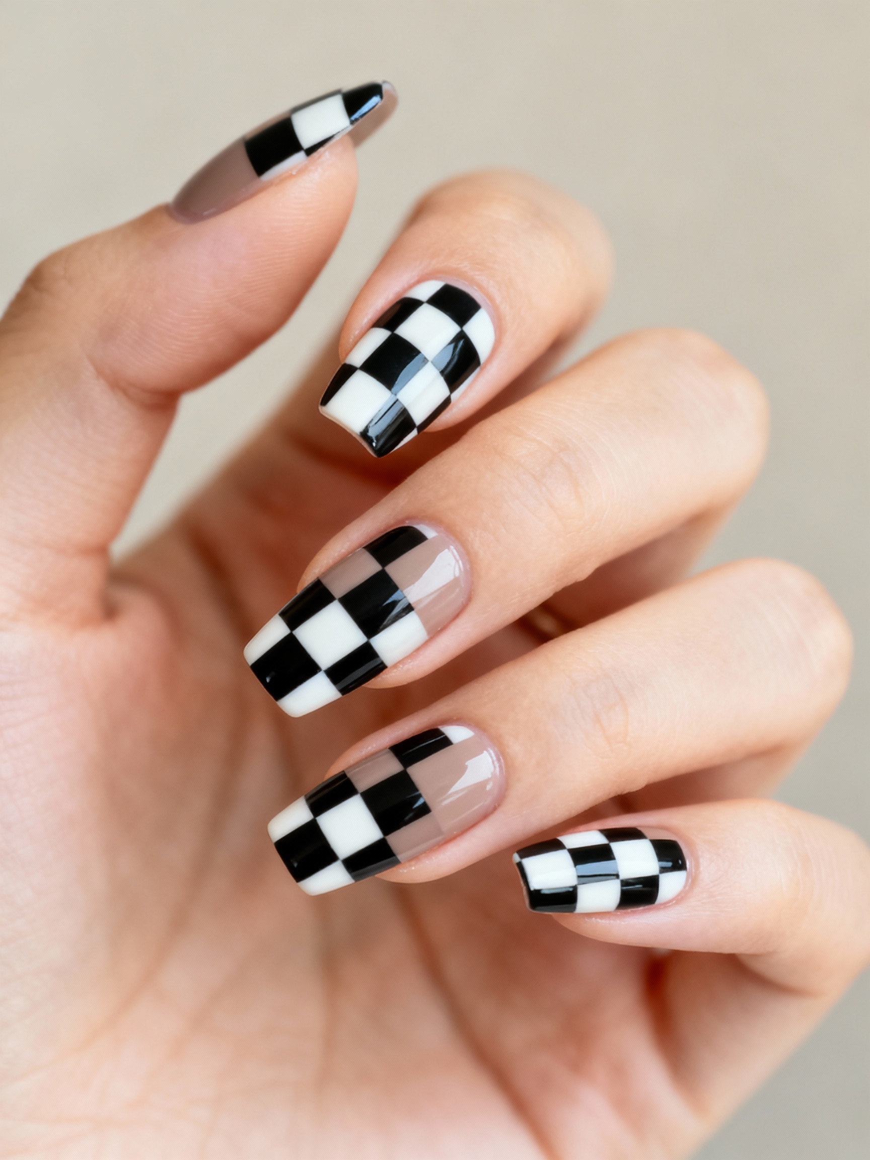 mismatched chic checkerboard manicure