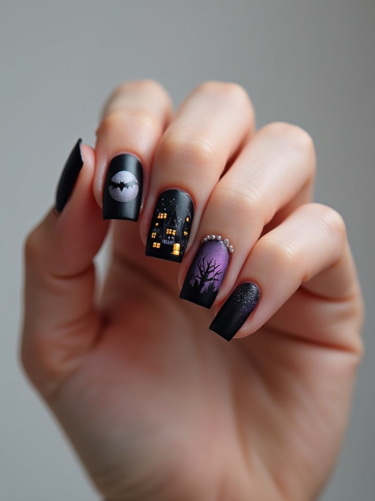 moonlit haunted house silhouettes