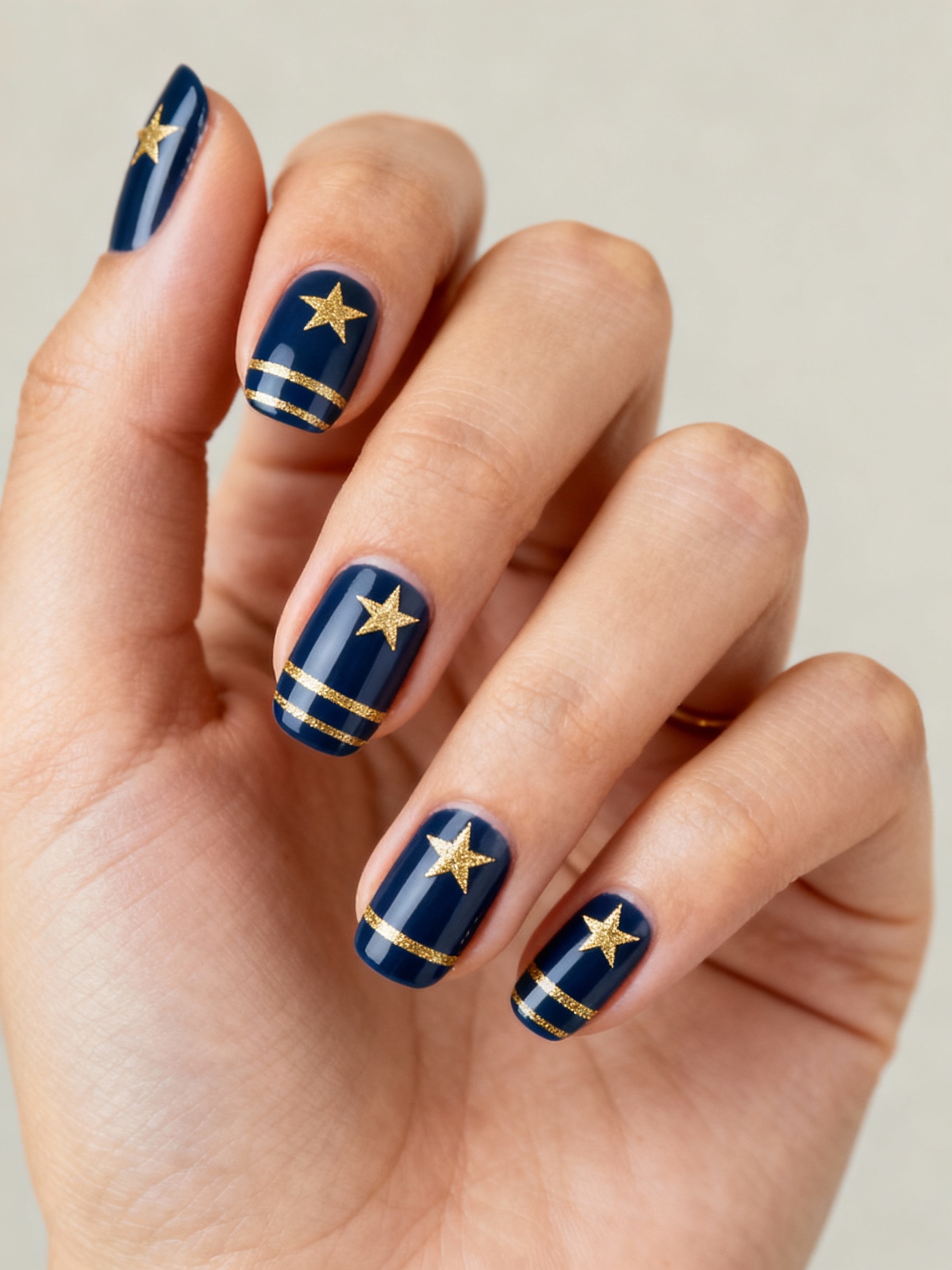 navy nails with gold stars
