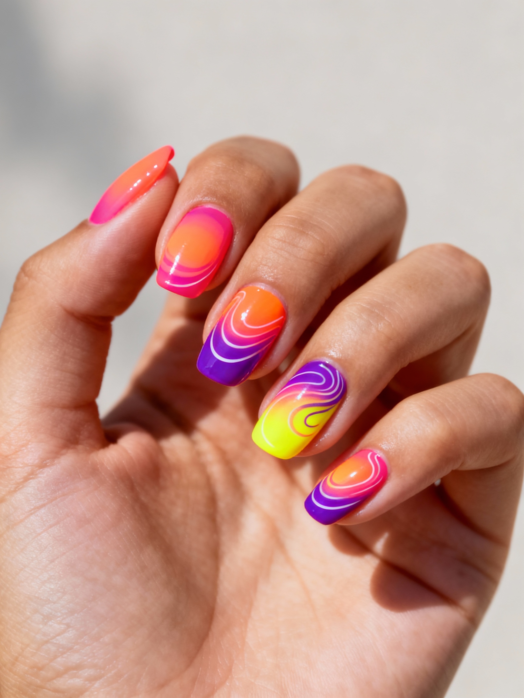 neon sunset swirls nails