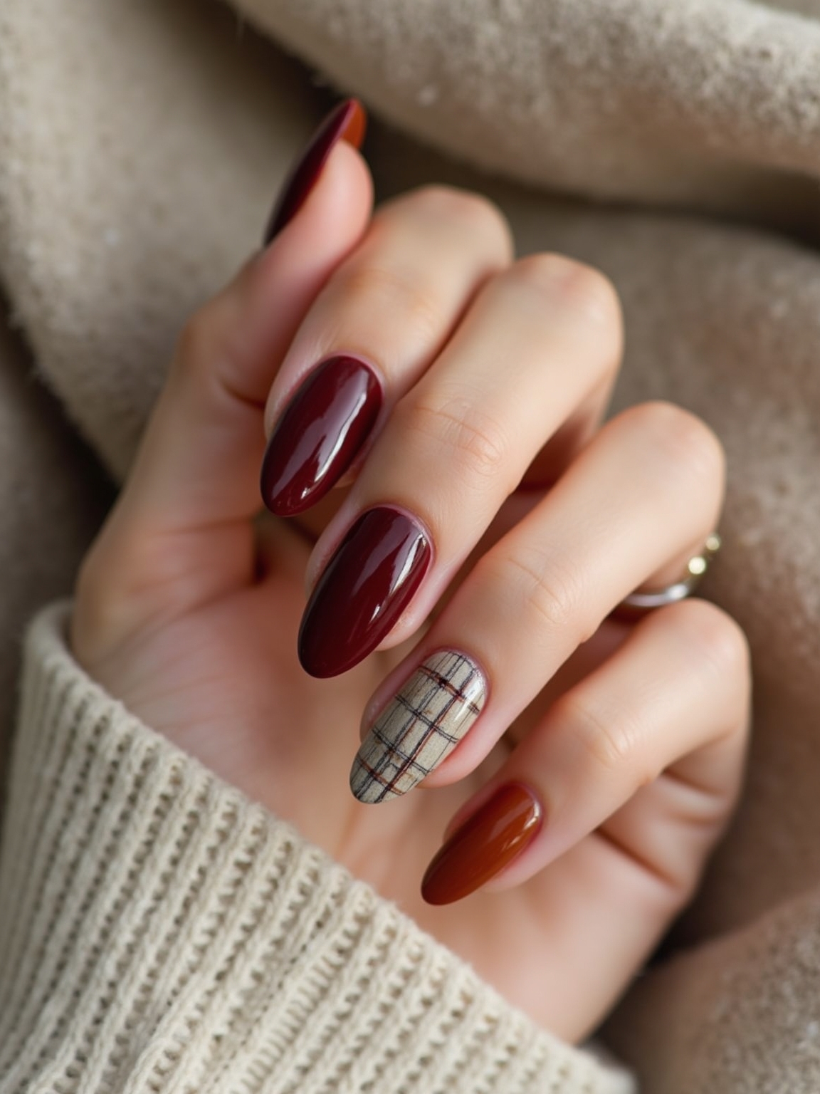 nude plaid with burgundy