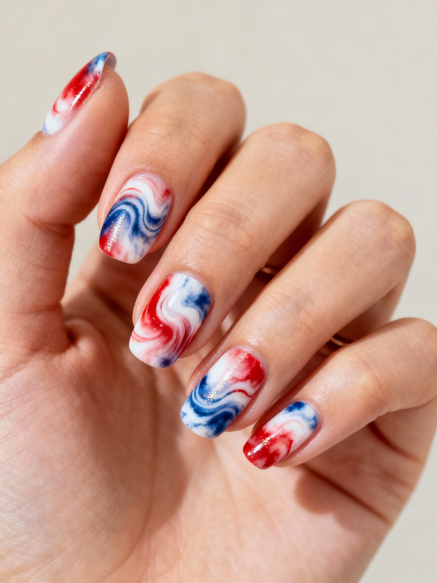 pastel red cobalt swirl manicure