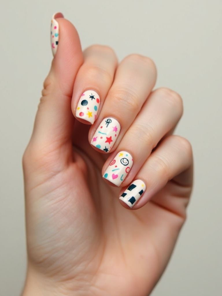 playful mismatched doodle nails
