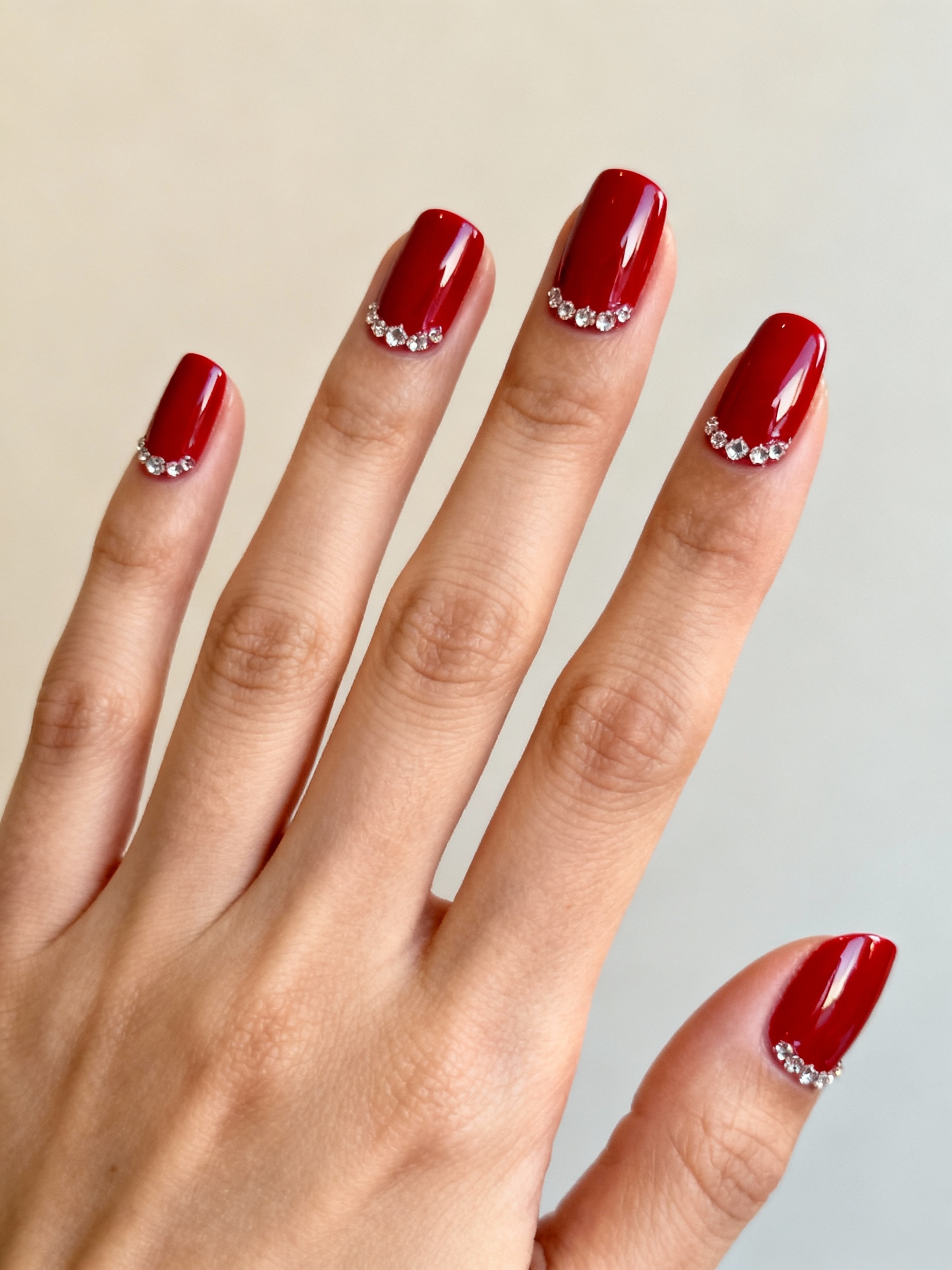 red manicure with crystal halo