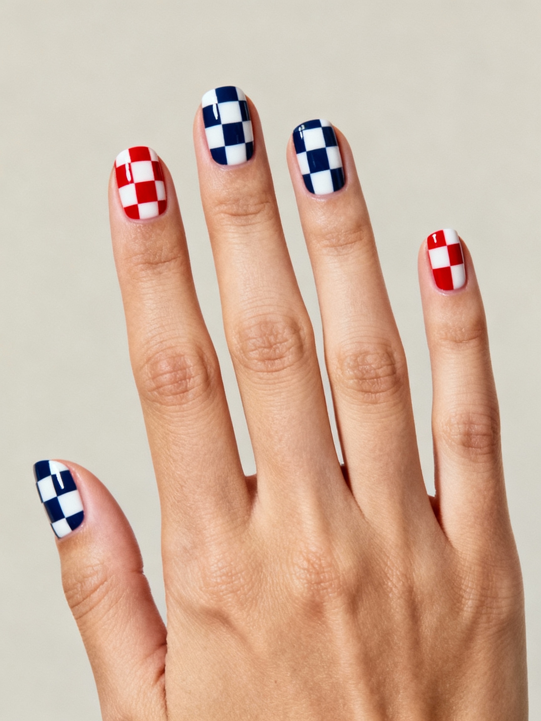 red white navy checkerboard nails