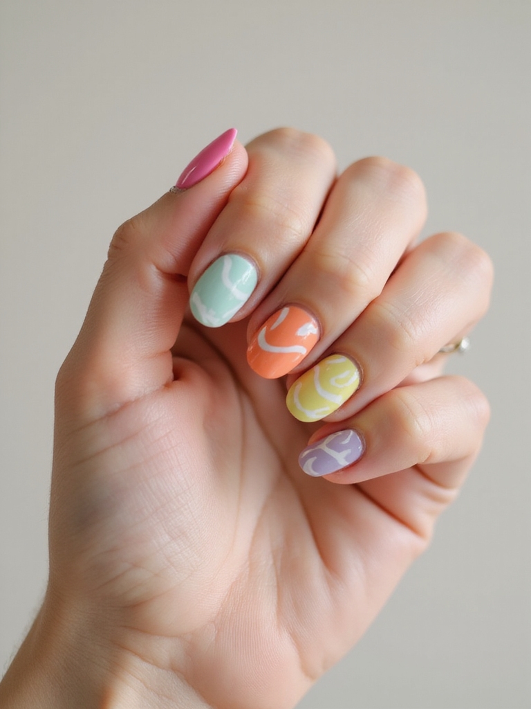 retro candy colored s curve nails