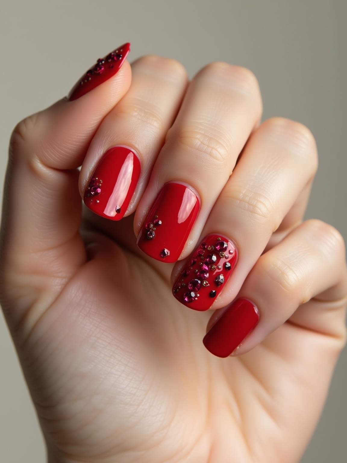 ruby studded glossy red nails