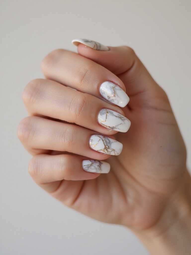sheer marble veined glossy manicure