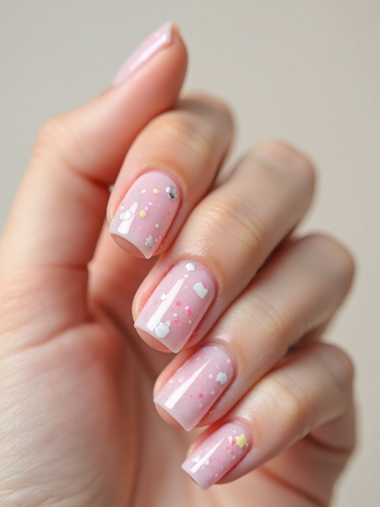 sheer pink confetti nails
