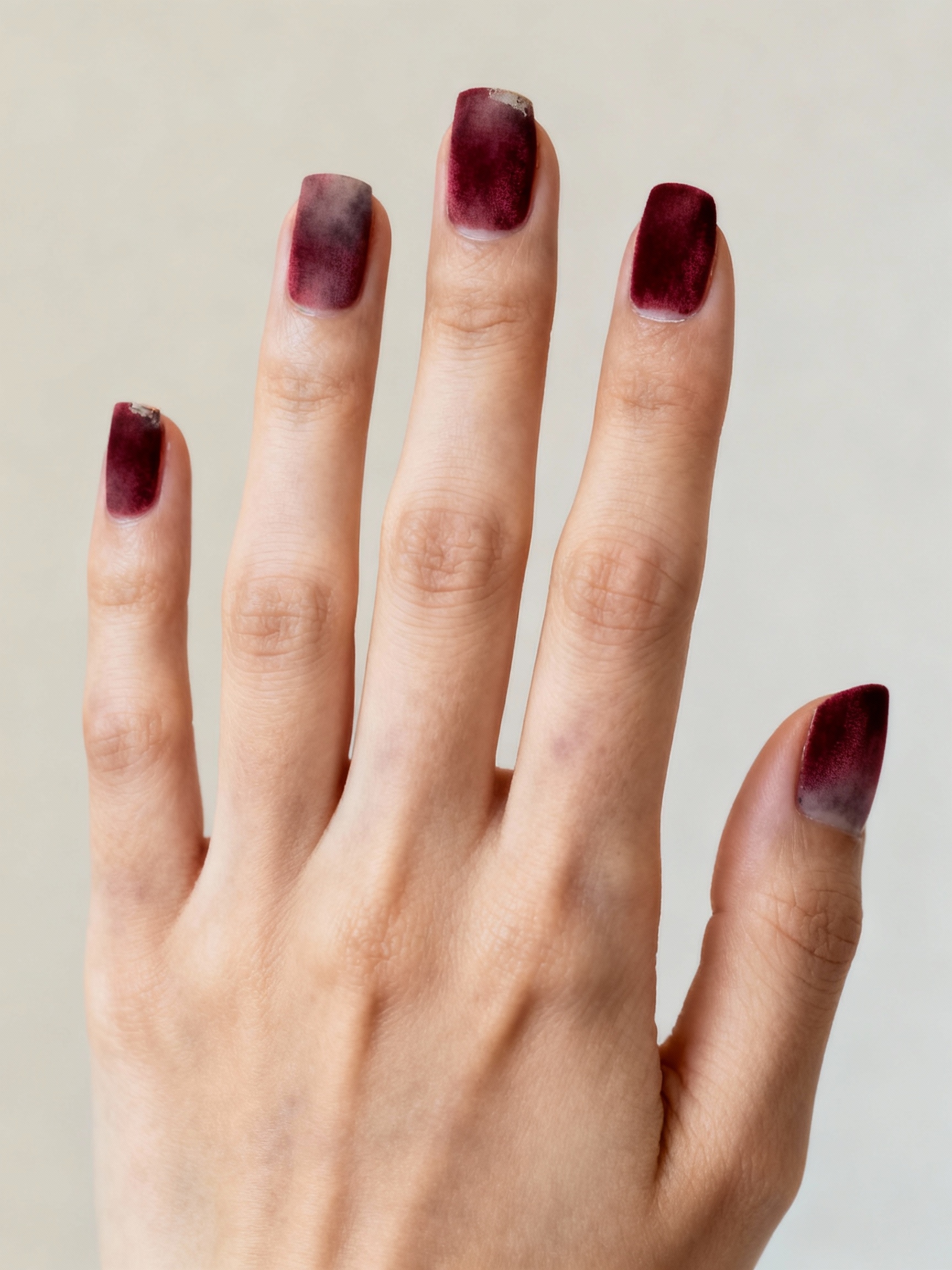 smudged burgundy velvet finish