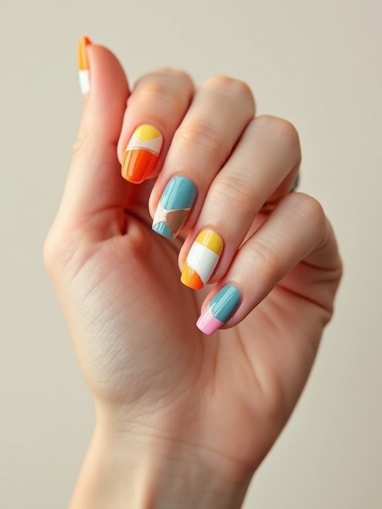 soft geometric color block nails