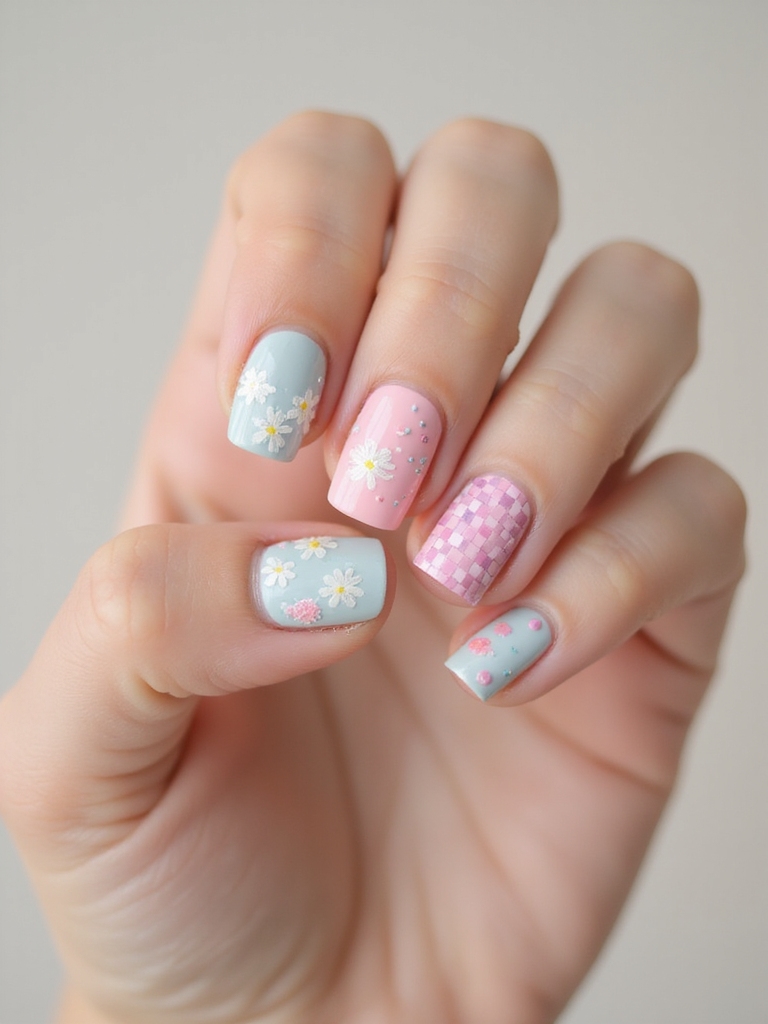 tiny mismatched curated nail motifs